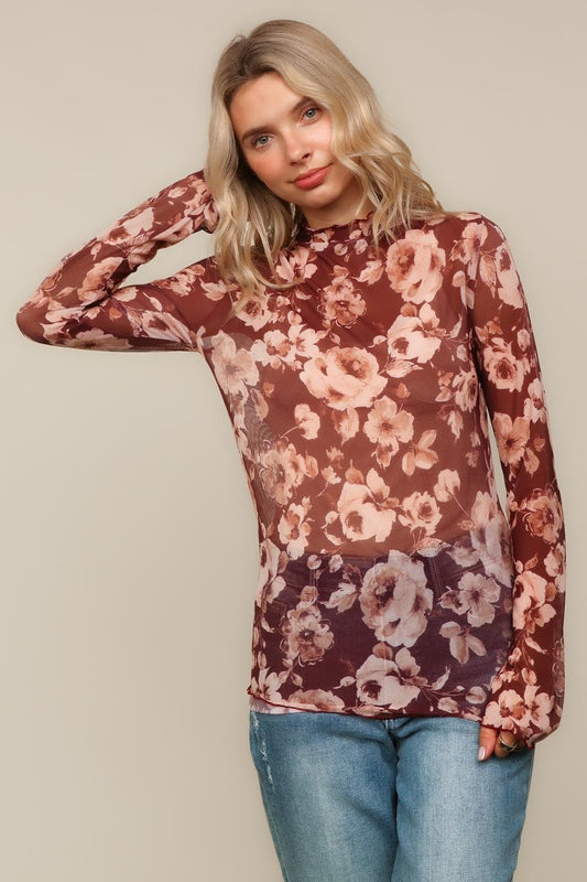 FLORAL MESH TOP W/FRILLED MERROW HEM