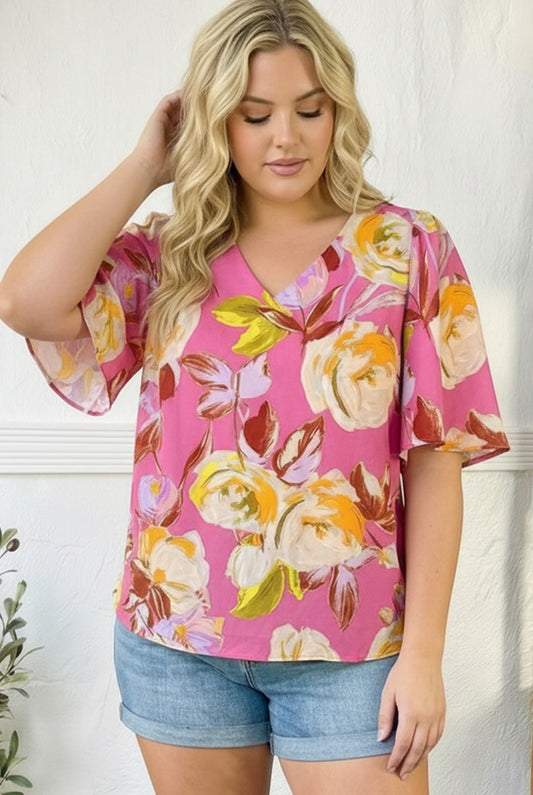 Plus Fuchsia Floral Woven Blouse