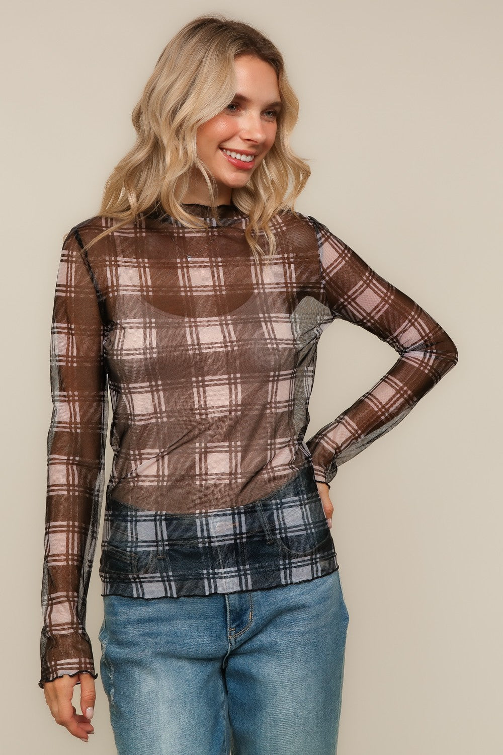 HIGH NECK LINE PLAID MESH SEMI SHEER TOP