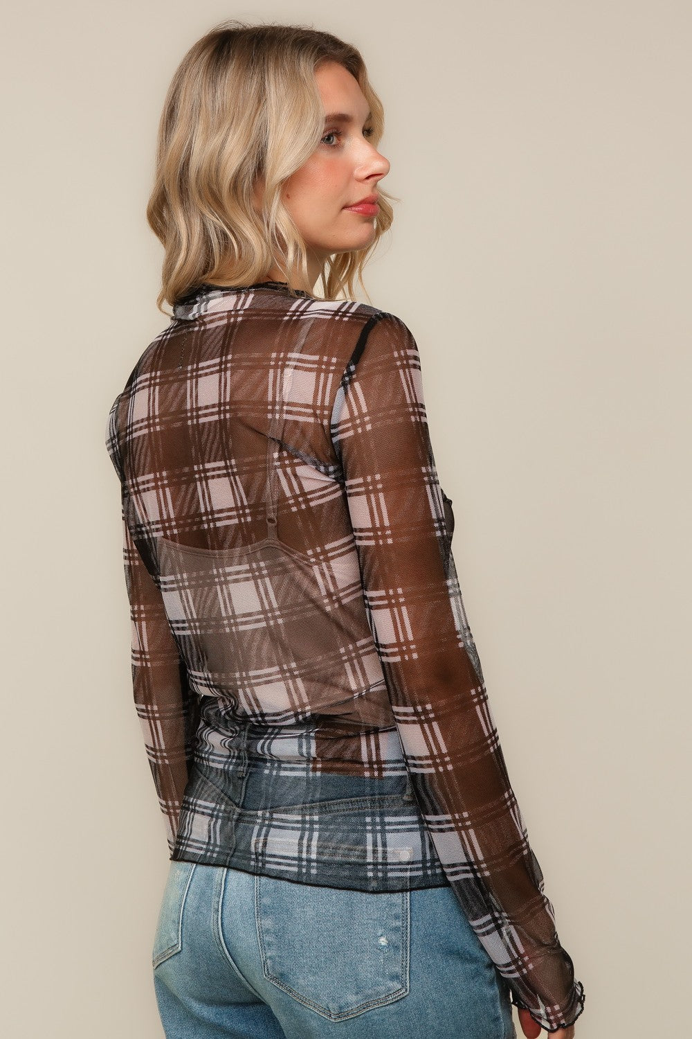 HIGH NECK LINE PLAID MESH SEMI SHEER TOP