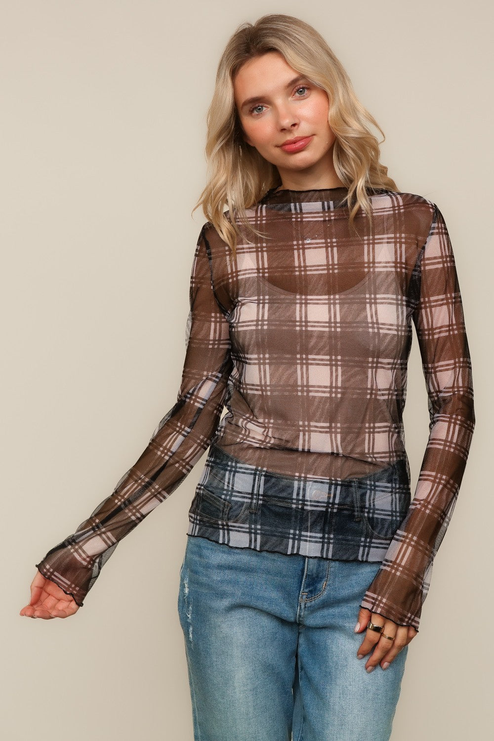HIGH NECK LINE PLAID MESH SEMI SHEER TOP