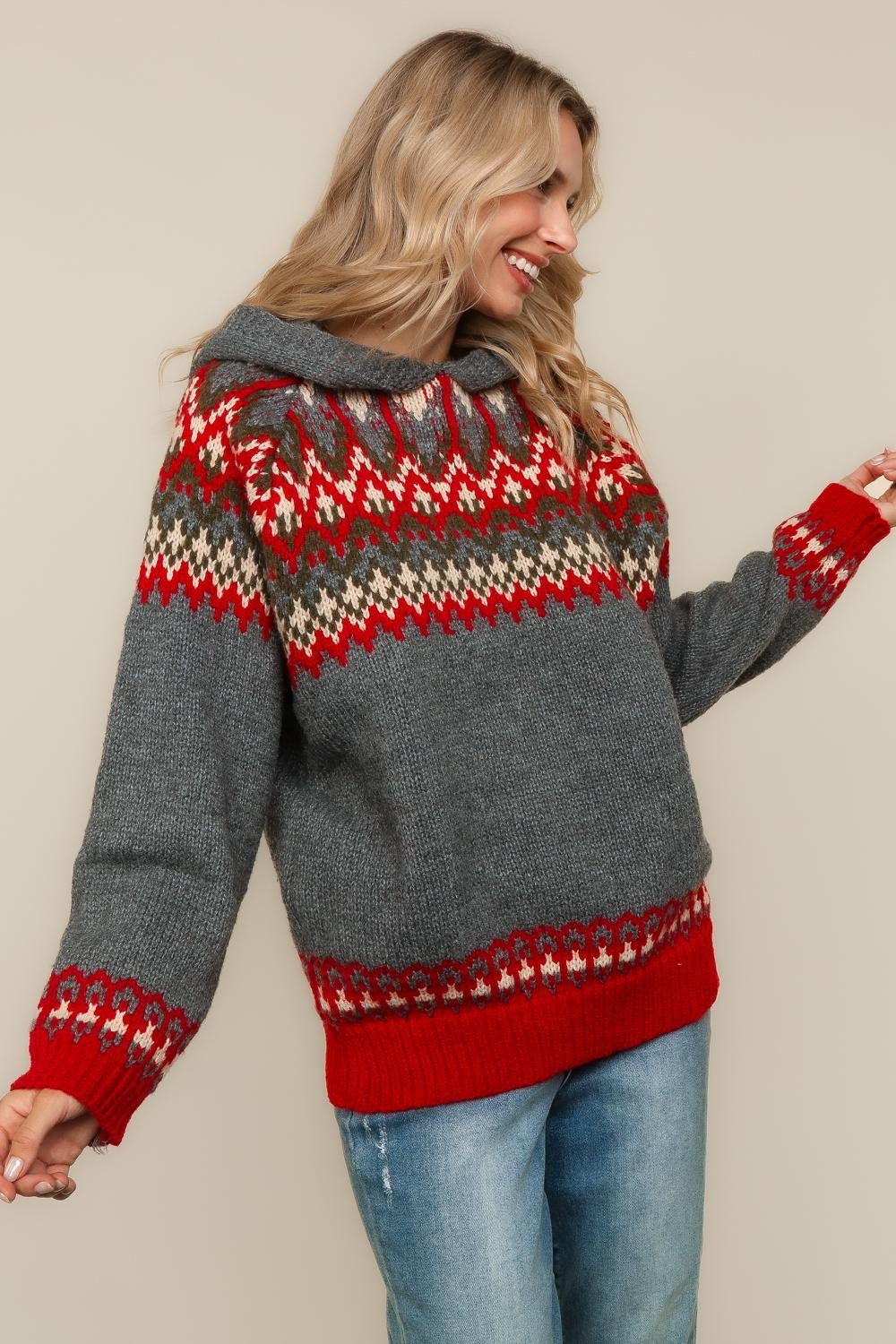 JACQUARD PULLOVER SWEATER KNIT TOP WITH HOODIE
