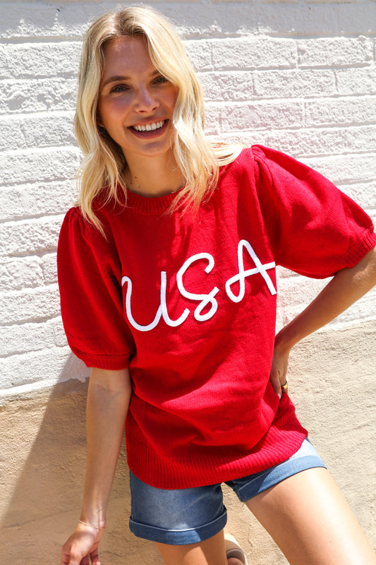 Patriotic USA Red Knit Embroidery Puff Sleeve Sweater Top (Open Pack)