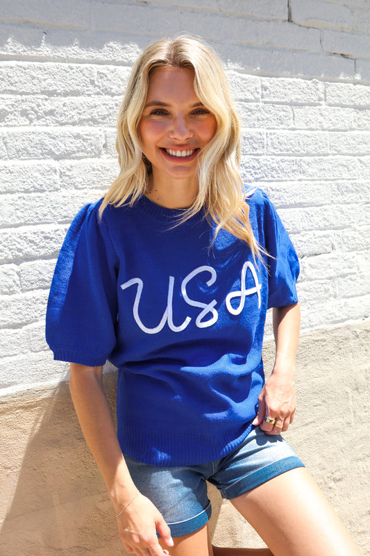 Patriotic USA Blue Knit Embroidery Puff Sleeve Sweater Top (Open Pack)