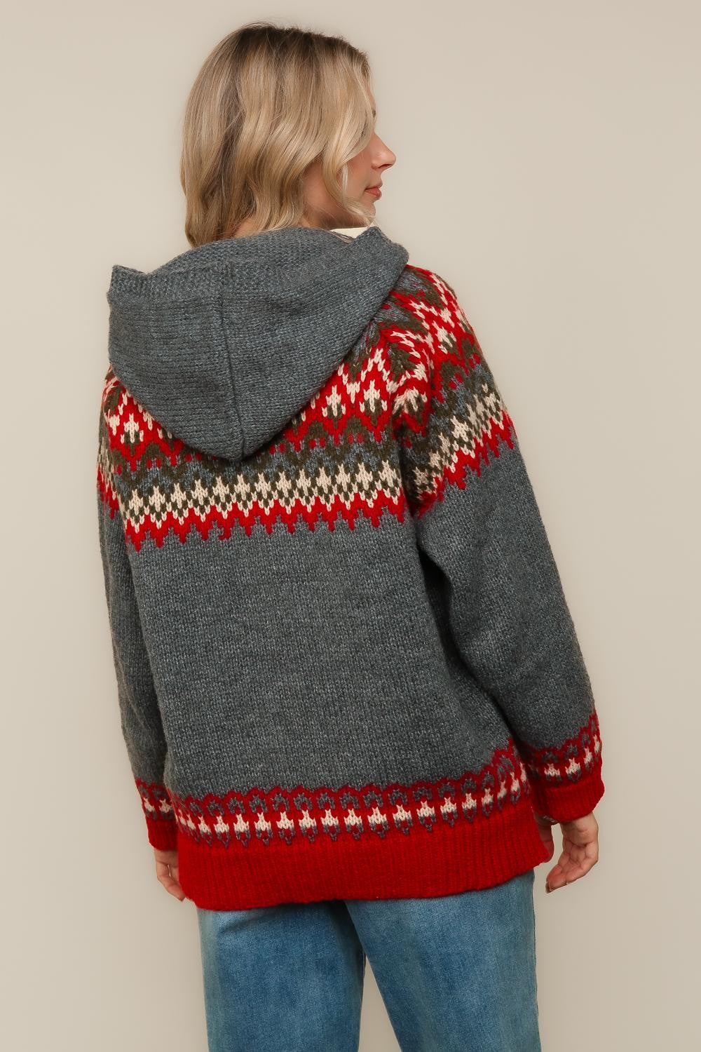 JACQUARD PULLOVER SWEATER KNIT TOP WITH HOODIE