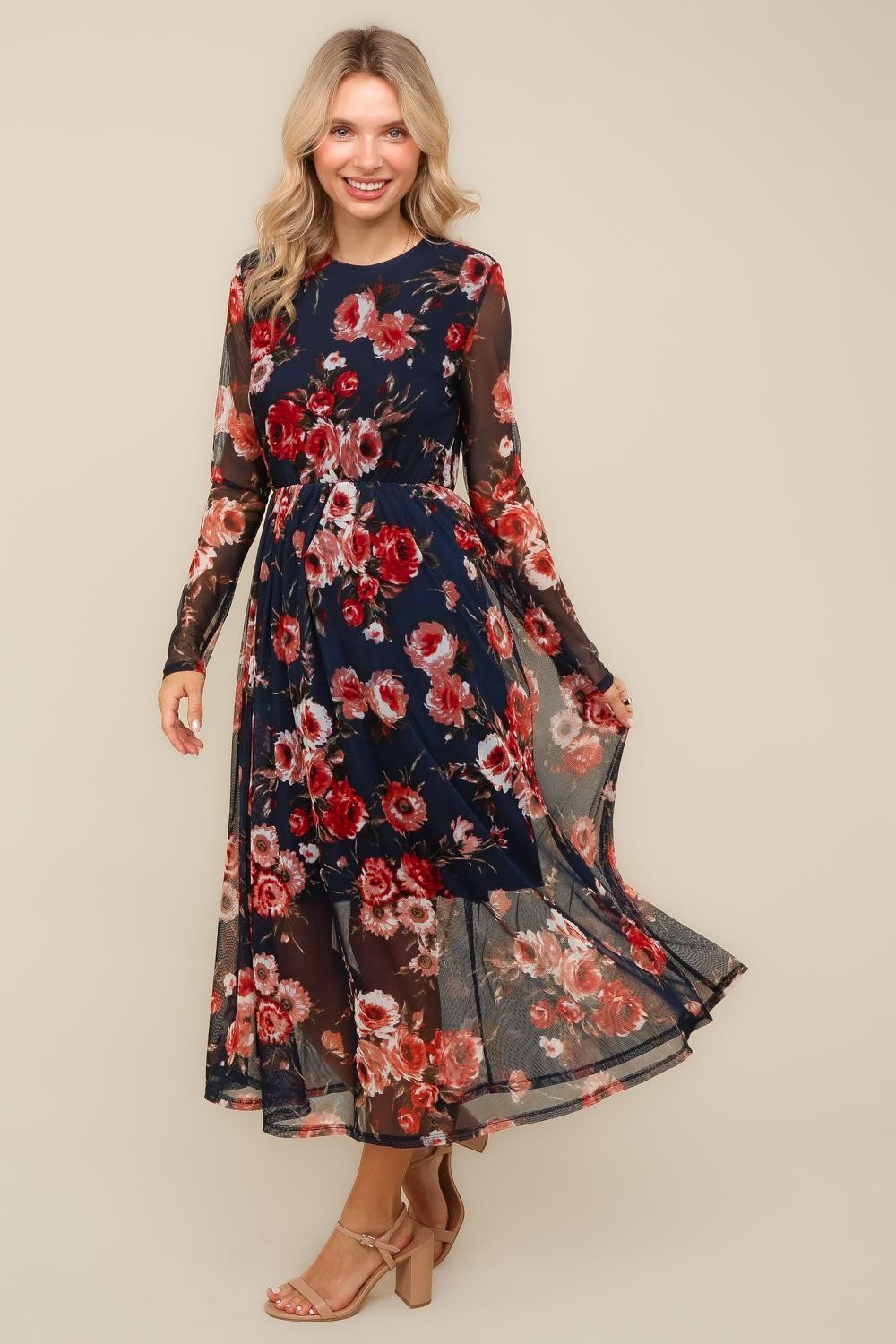 PLUS MIDI SEMI SHEER MESH WITH BACK NECK BUTTON
