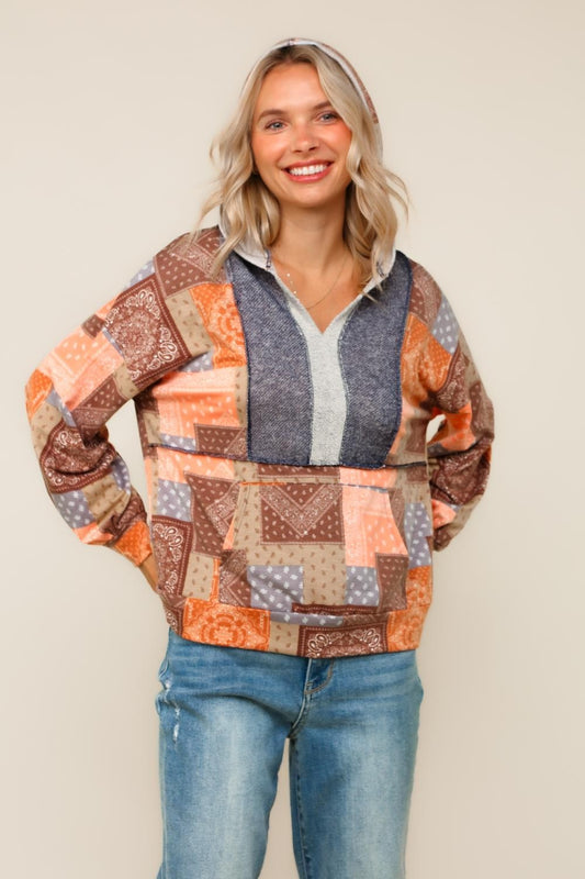 PLUS BOHO PATCHWORK TOP W/ HOODIE