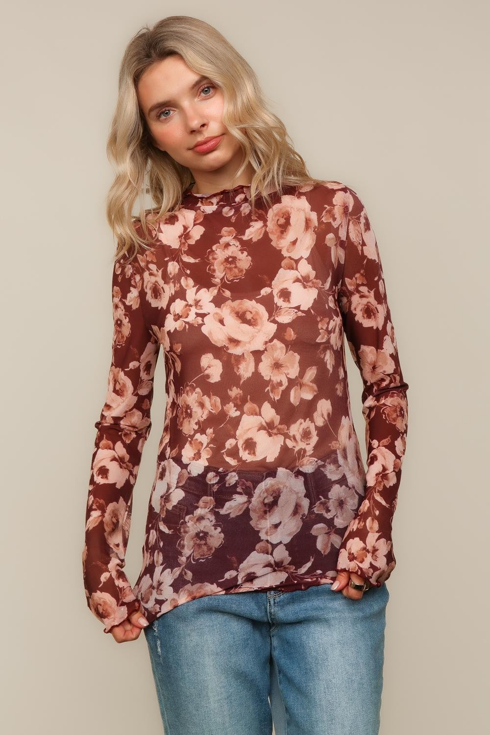 PLUS FLORAL MESH TOP W/FRILLED MERROW HEM