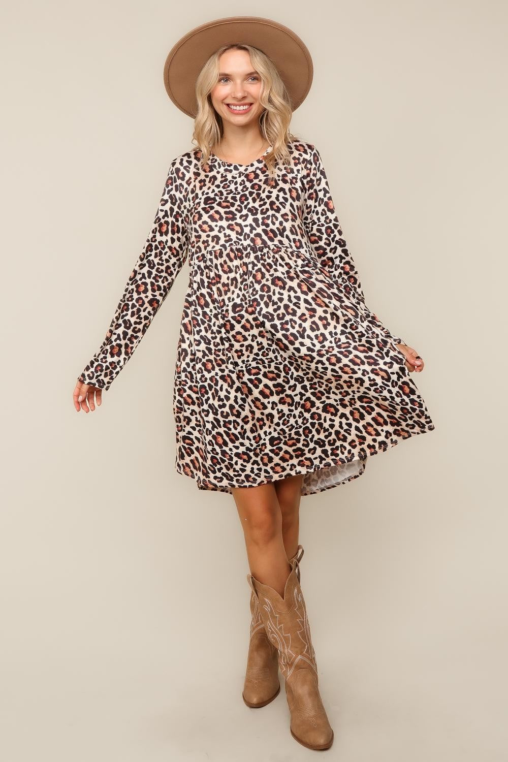 LEOPARD BABYDOLL SWING KNEE LENGTH KNIT DRESS