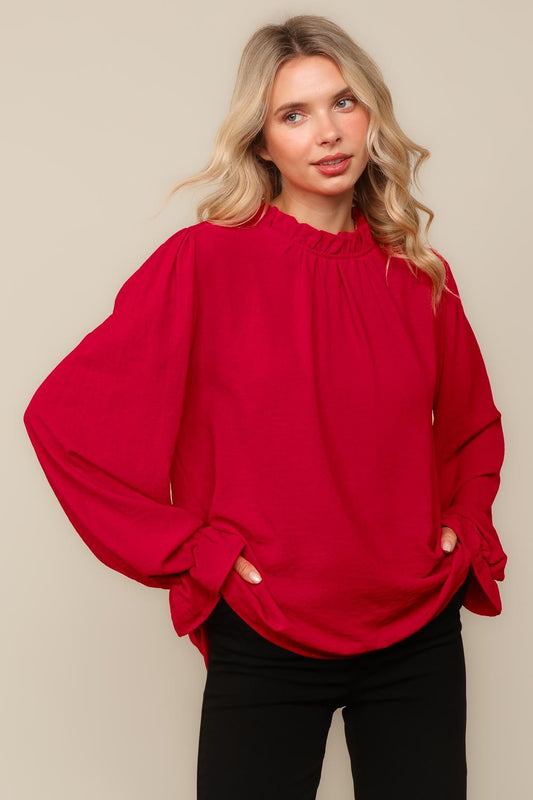 PLUS MOCK NECK BUBBLE LONG SLEEVE WOVEN TOP