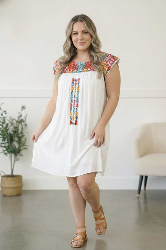 Plus Lined Ivory Embroidered Dress