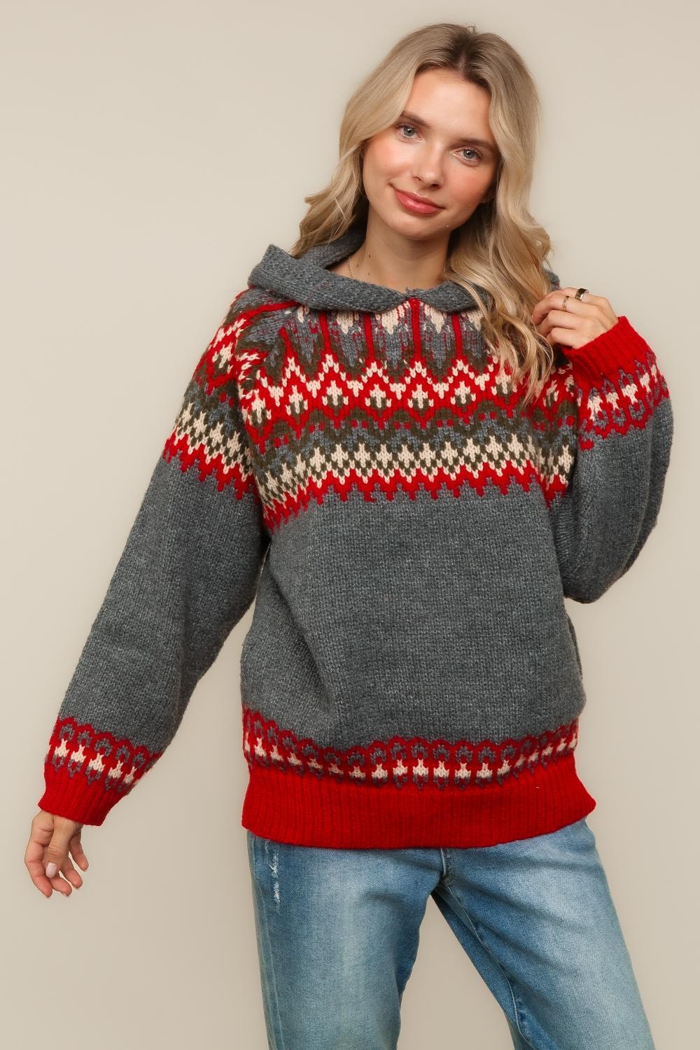 JACQUARD PULLOVER SWEATER KNIT TOP WITH HOODIE