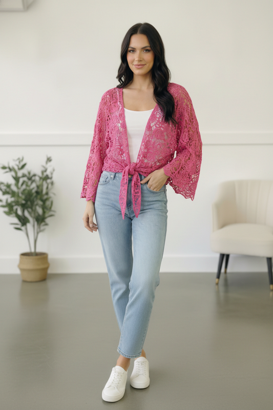FUCHSIA CROCHET TIE HEM CARDIGAN