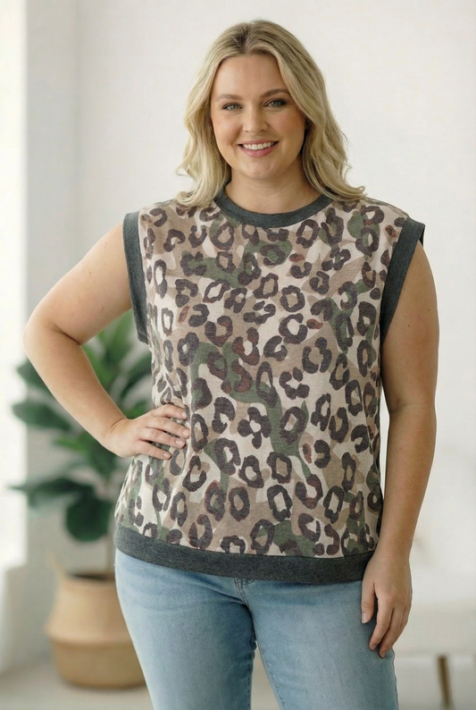 PLUS CAMOUFLAGE LEOPARD FRENCH TERRY KNIT TOP