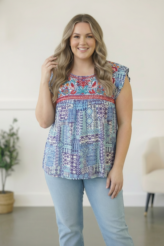 Plus Blue Embroidered Top