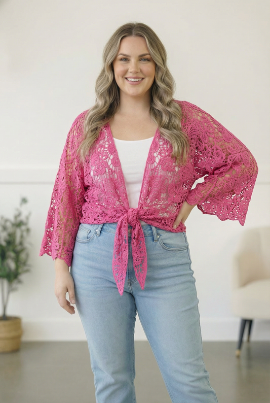 PLUS FUCHSIA CROCHET TIE HEM CARDIGAN