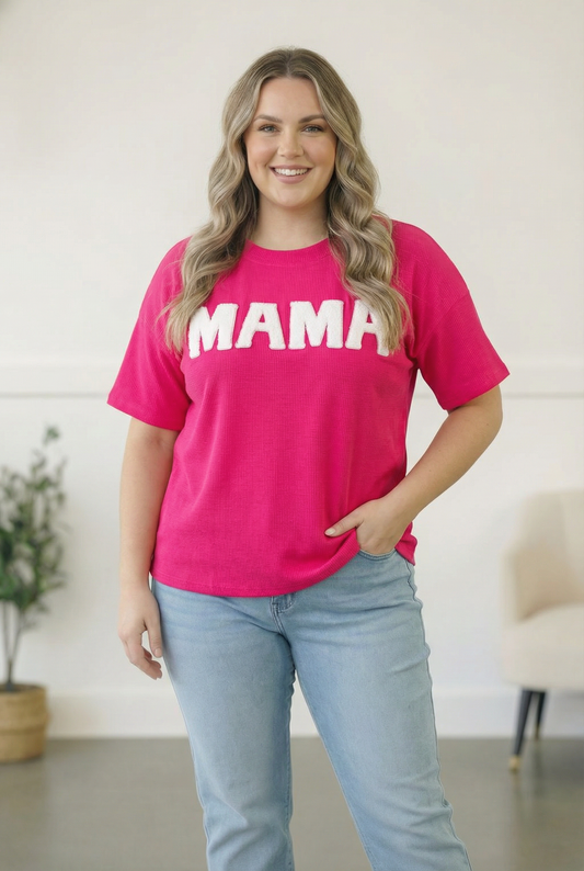 PLUS FUCHSIA MAMA PUFFY POP UP LETTER OVERSIZED RIB KNIT TOP