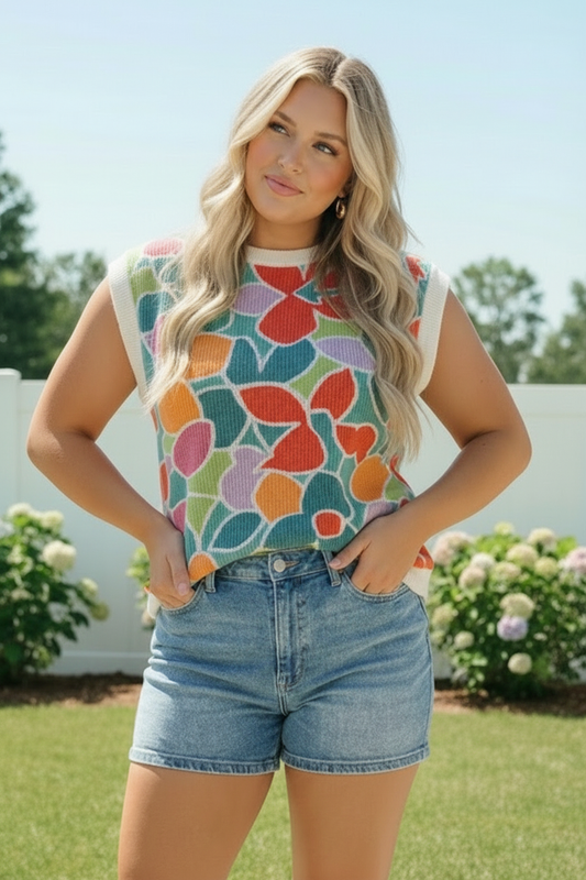 Plus Floral Multi Wavy Rib Top
