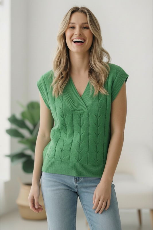 GREEN DOLMAN SHORT SLEEVE CABLE SWEATER TOP