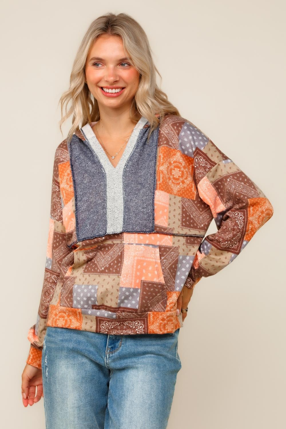 PLUS BOHO PATCHWORK TOP W/ HOODIE