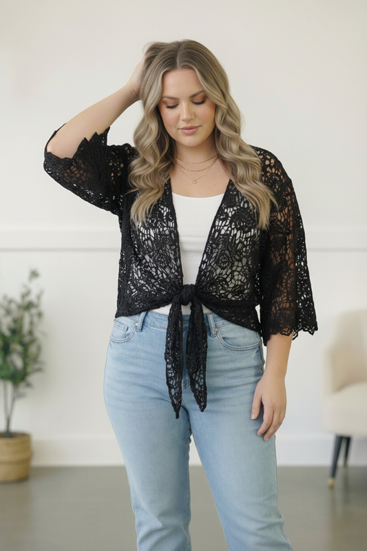 PLUS BLACK CROCHET TIE HEM CARDIGAN