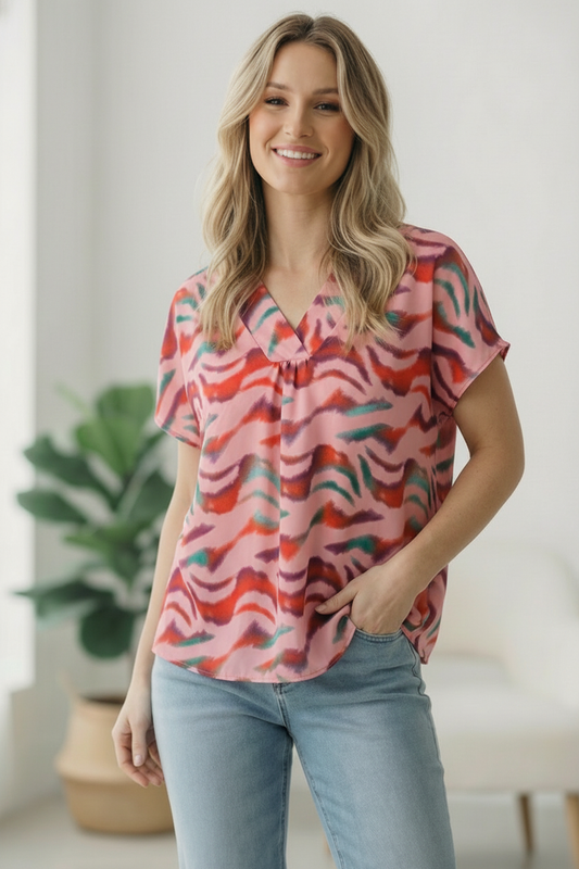 Pink Animal Design Woven Top