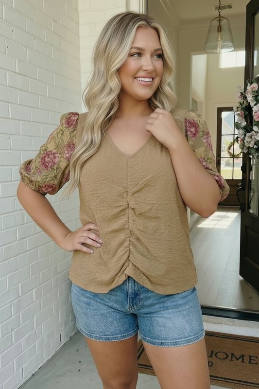 Plus Taupe Floral Sleeve Top