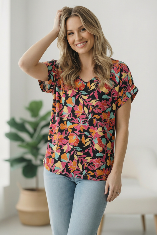 Black Floral Multi Woven Top