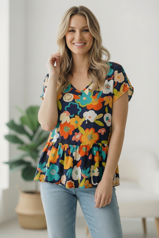Navy Floral Peplum Top