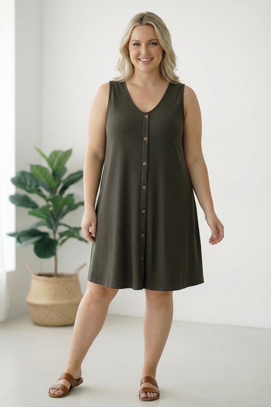 Plus Black Button Ribbed Dress
