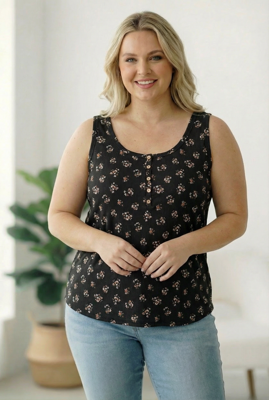 Plus Black Floral Button Top