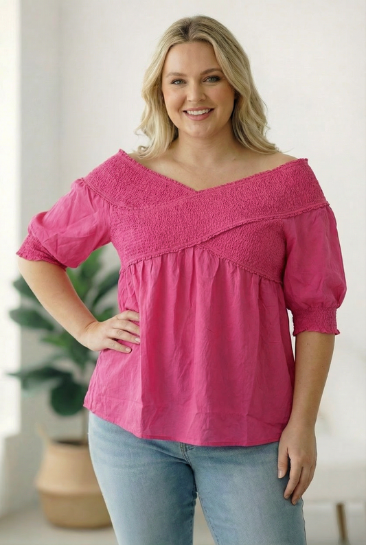 Plus Fuchsia Smocked Design Top