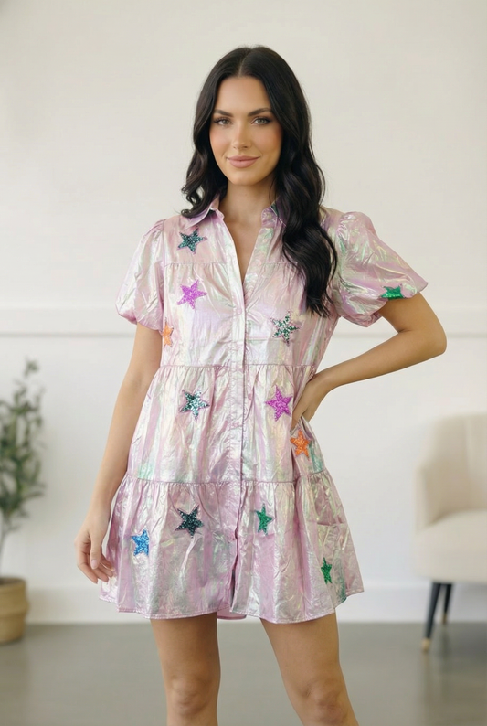 Pink Sequin Star Embroidered Button Pocket Patriotic Dress