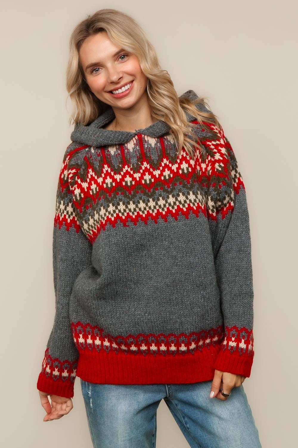JACQUARD PULLOVER SWEATER KNIT TOP WITH HOODIE