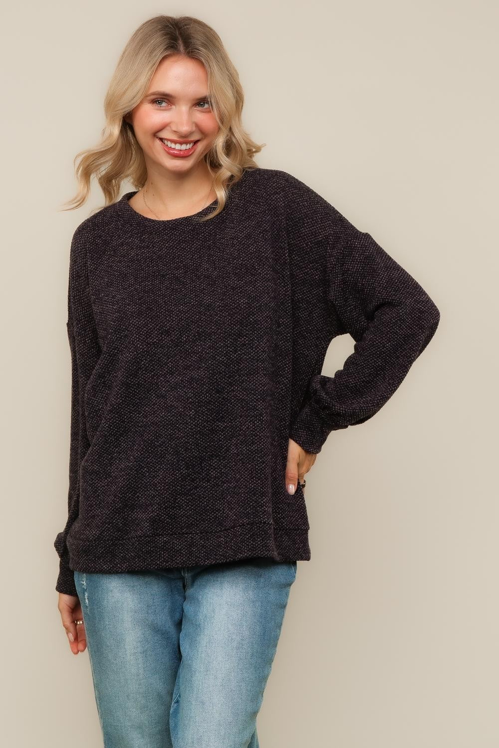 PLUS BUBBLE LONG SLEEVE TWO TONE SWEATER KNIT TOP