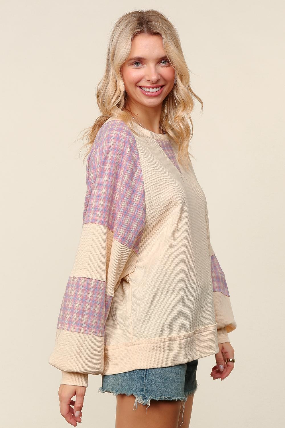 PLUS THERMAL PLAID WOVEN LOOSE FIT PULLOVER TOP