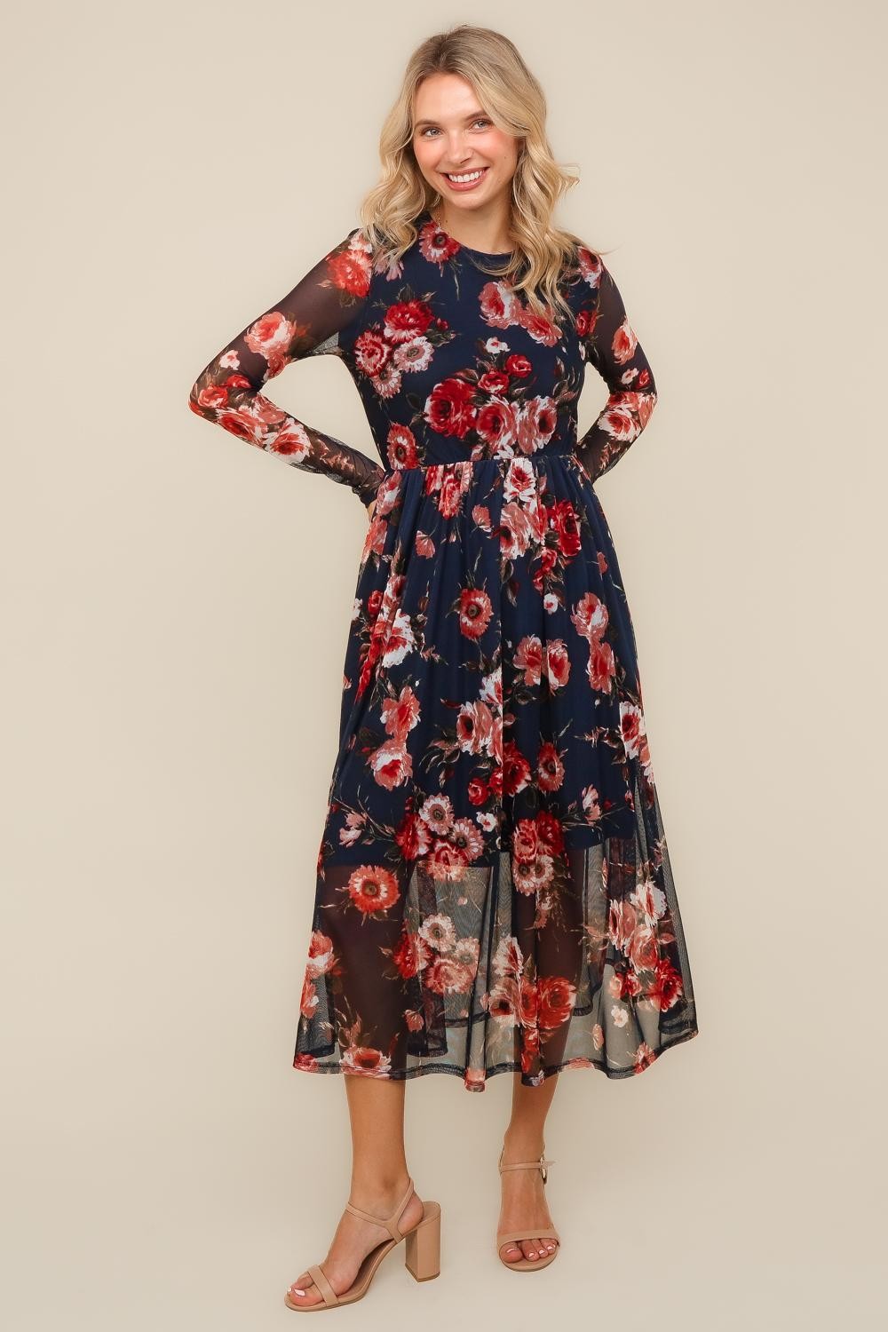 PLUS MIDI SEMI SHEER MESH WITH BACK NECK BUTTON