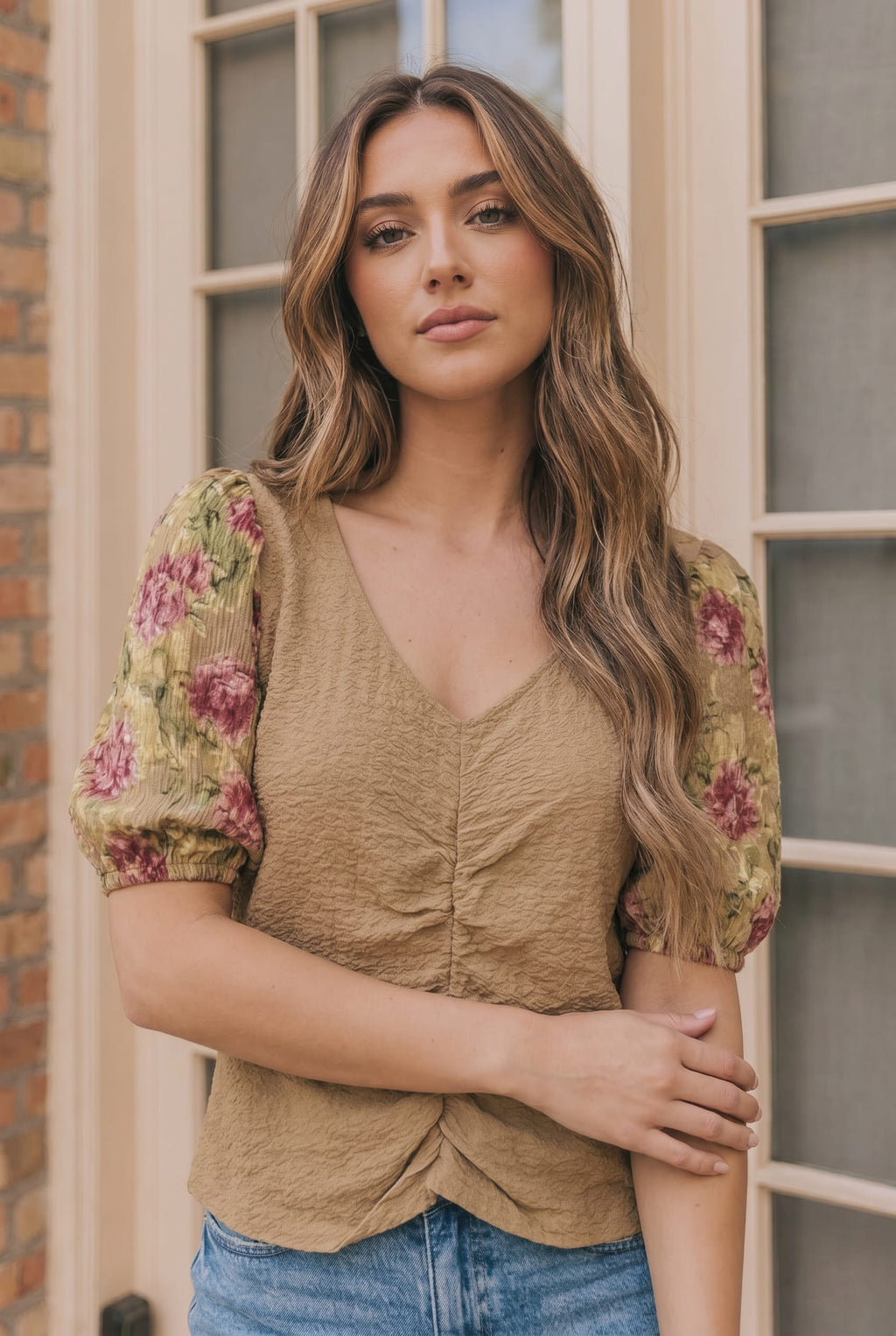 Taupe Floral Sleeve Top