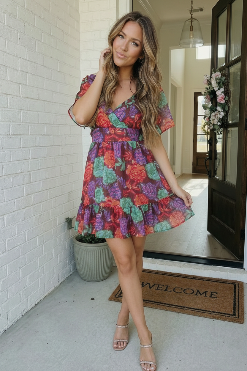 Chocolate Multi Floral Woven Lined Dress