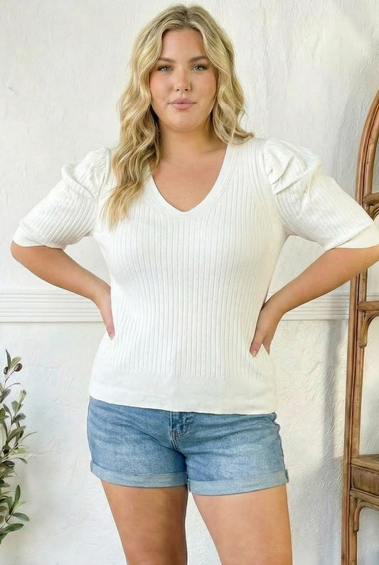 Plus Ivory Ribbed Blouse