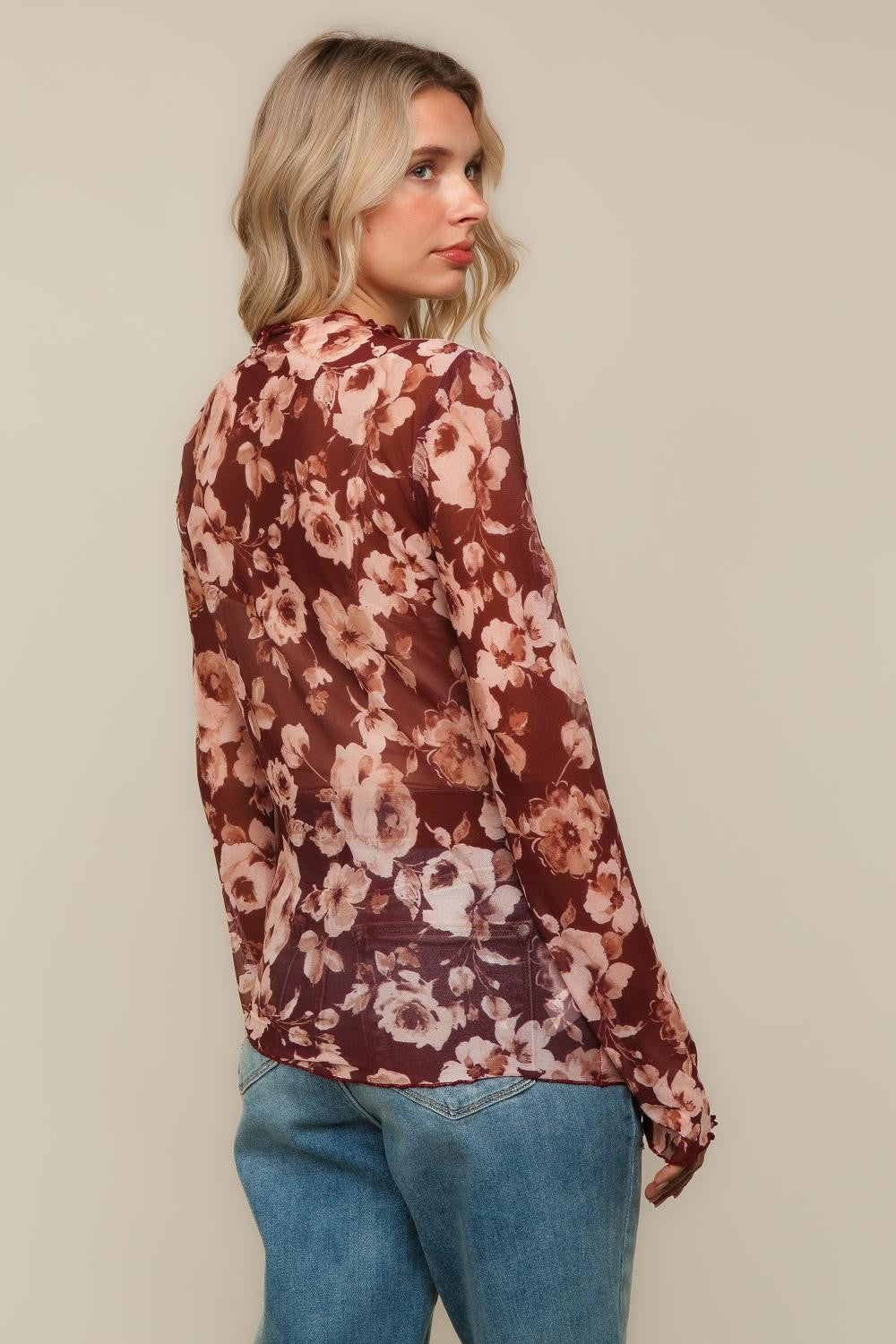 PLUS FLORAL MESH TOP W/FRILLED MERROW HEM