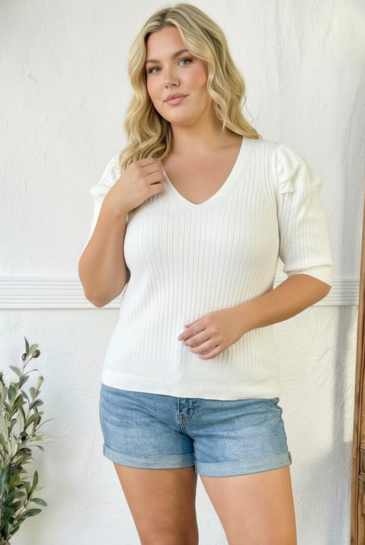 Plus Ivory Ribbed Blouse