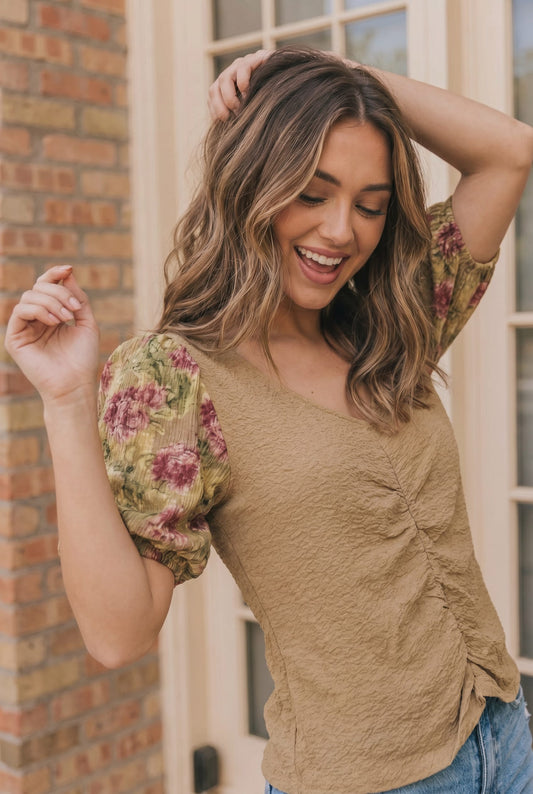 Plus Taupe Floral Sleeve Top