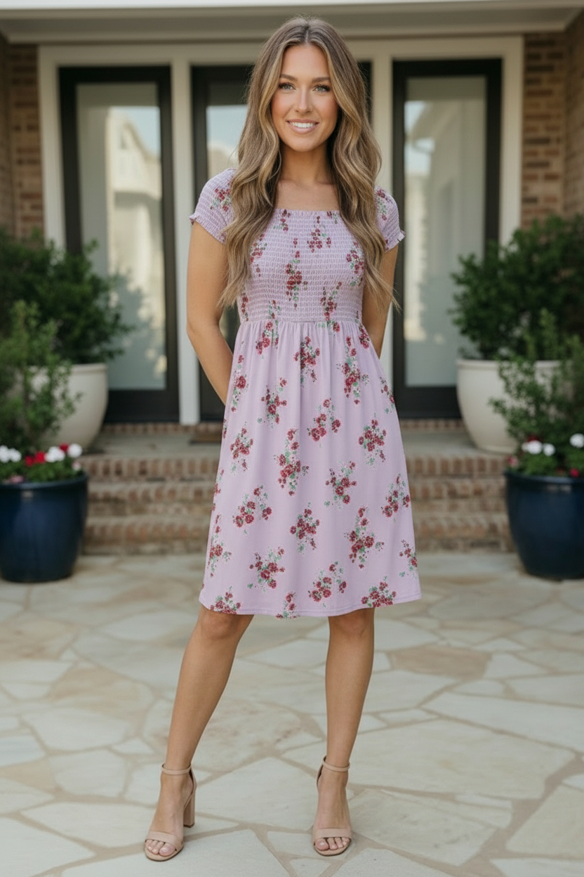 Lilac Smocked Panel Floral Dress