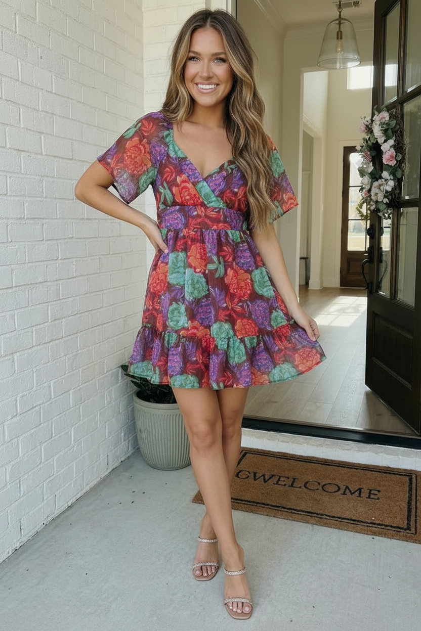 Chocolate Multi Floral Woven Lined Dress