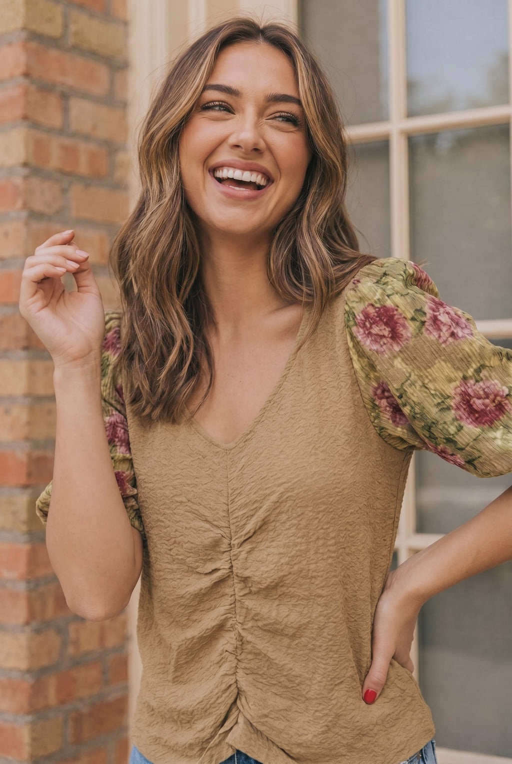 Plus Taupe Floral Sleeve Top
