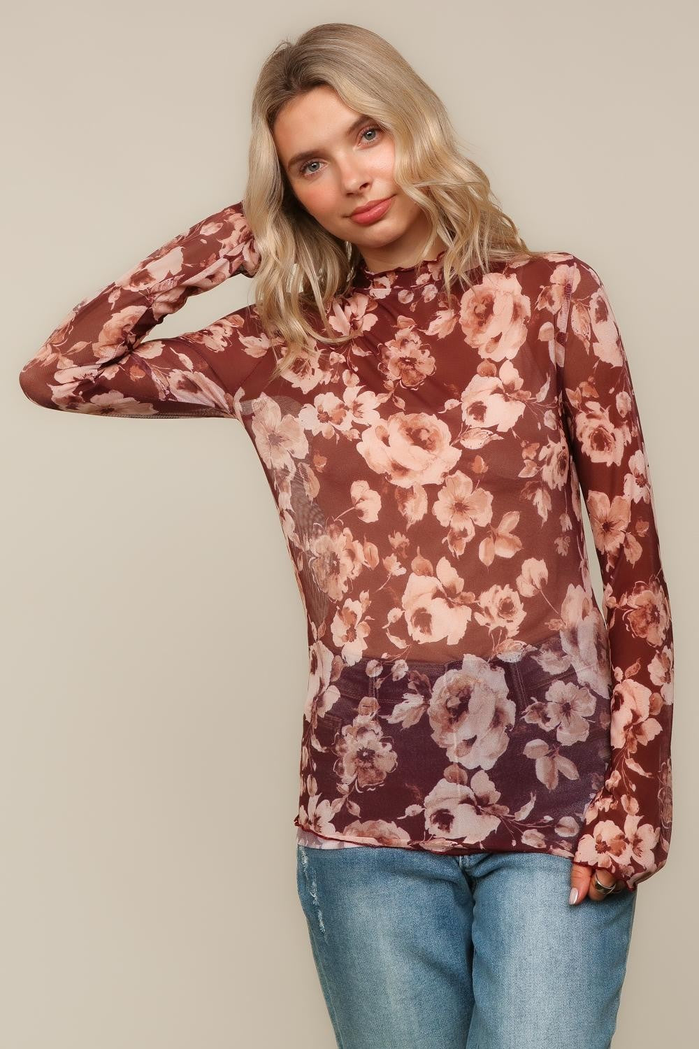 PLUS FLORAL MESH TOP W/FRILLED MERROW HEM
