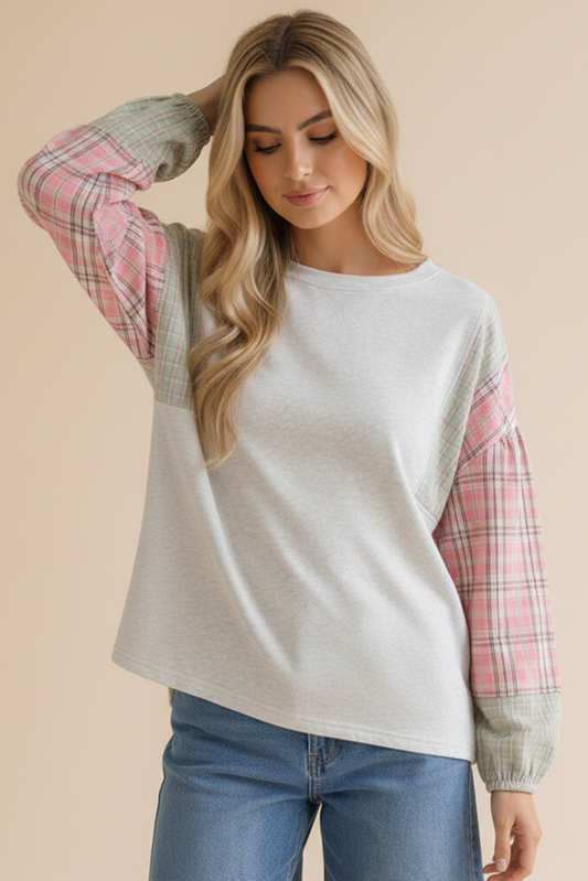 LIGHT GREY SOLID PULLOVER KNIT TOP W/ PLAID SLEEVES