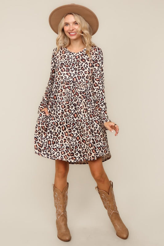 LEOPARD BABYDOLL SWING KNEE LENGTH KNIT DRESS