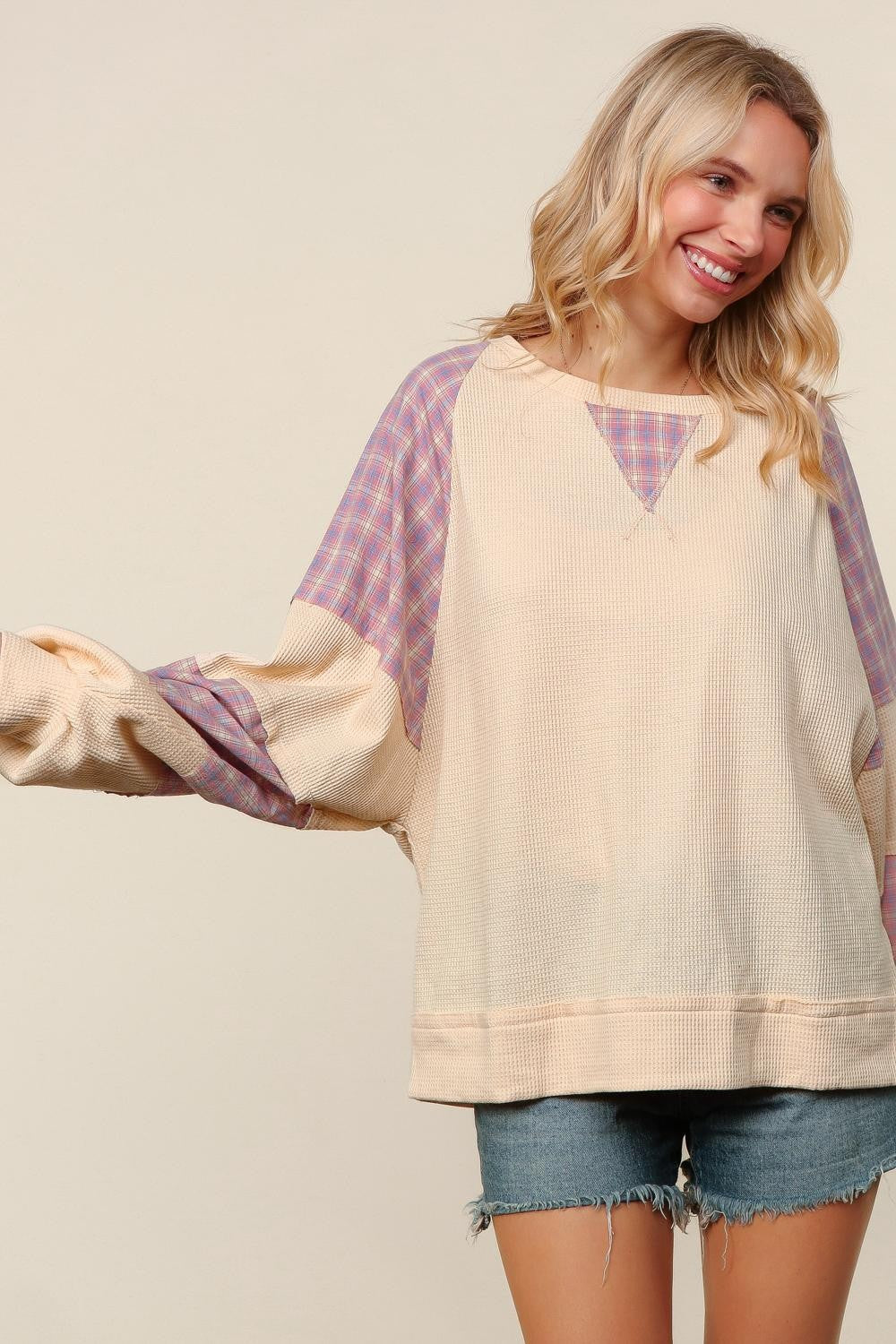 PLUS THERMAL PLAID WOVEN LOOSE FIT PULLOVER TOP